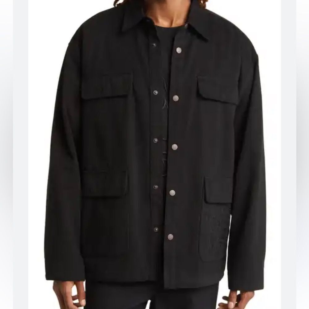 Foulplay Black Rigid Denim Military Field Jacket Oversized Embroidered logo M